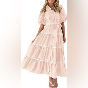 Women’s Cream Button-Front Tiered Maxi Dress with Self-Tie Waist